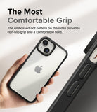 iPhone 15 Plus Case | Fusion Bold - Hand holding a clear iPhone case with a black frame featuring a textured dot grip.