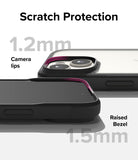 iPhone 15 Plus Case | Fusion Bold - Close-up of phone case showing 1.2mm camera lips and 1.5mm raised screen bezel for scratch protection.