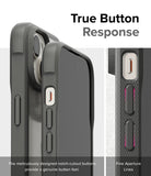 iPhone 15 Plus Case | Fusion Bold - Close-up of phone case buttons with notch-cutouts for tactile response and fine aperture lines.
