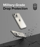 iPhone 15 Plus Case | Fusion Bold - iPhone 15 Plus in a grey case bouncing off a cracked surface with military-grade protection text.