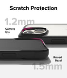 iPhone 15 Plus Case | Fusion Bold - Close-up of phone case showing 1.2mm camera lips and 1.5mm raised screen bezel for scratch protection.