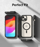 iPhone 15 Plus Case | Fusion Bold Magnetic - Multiple views of a black magnetic phone case on a textured surface.
