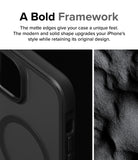 iPhone 15 Plus Case | Fusion Bold Magnetic - Close-up of a matte black phone case edge next to a textured sand background.