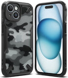 iPhone 15 Plus Case | Fusion-X - Black and white camo phone case with a rugged frame shown from front and back views.