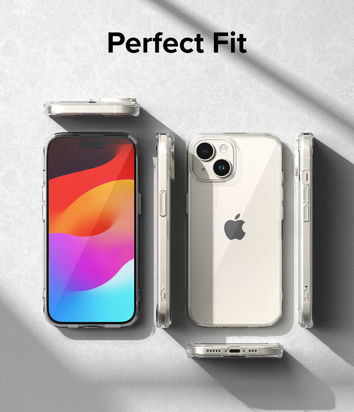iPhone 15 Plus Case | Fusion - Clear phone case shown from multiple angles on a textured gray background with Perfect Fit text.