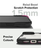 iPhone 15 Plus Case | Fusion-X - Close-ups showing 1.5mm raised screen bezels and precise port cutouts on a black phone case.