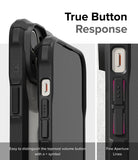 iPhone 15 Plus Case | Fusion-X - Close-up of black phone case buttons with tactile markings and fine aperture lines.