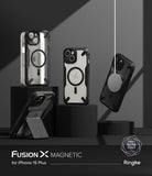 iPhone 15 Plus Case | Fusion-X Magnetic Matte Black - Four matte black Fusion-X cases displayed on dark pedestals.