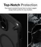 iPhone 15 Plus Case | Fusion-X Magnetic Matte Black - Close-up of a rugged black phone case next to jagged rock textures.