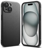 iPhone 15 Plus Case | Onyx - Front and back views of a textured black phone case on an iPhone 15 Plus.