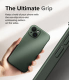 iPhone 15 Plus Case | Onyx - Hand holding a dark green phone case showing a textured side with a micro-dot grip pattern.