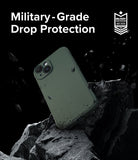 iPhone 15 Plus Case | Onyx - Green phone case floating above jagged black rocks with military-grade drop protection text.