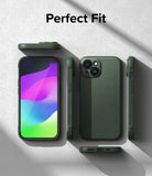 iPhone 15 Plus Case | Onyx - Multiple views of a dark green phone case showing front, back, and side profiles on a textured surface.