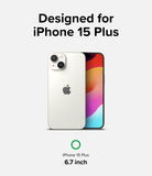 iPhone 15 Plus Screen Protector | Privacy Glass - iPhone 15 Plus Screen Protector - White iPhone 15 Plus with a privacy screen protector, labeled for 6.7-inch display.