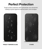 iPhone 15 Plus Screen Protector | Privacy Glass - Comparison showing water beading on privacy glass versus smudges on others.