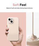 iPhone 15 Plus Case | Silicone Magnetic - Hand holding a beige silicone phone case next to liquid silicone pouring.
