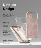 iPhone 15 Plus Case | Silicone Magnetic - Exploded view of a pink phone case showing microfiber, PC, magnet, and silicone layers.