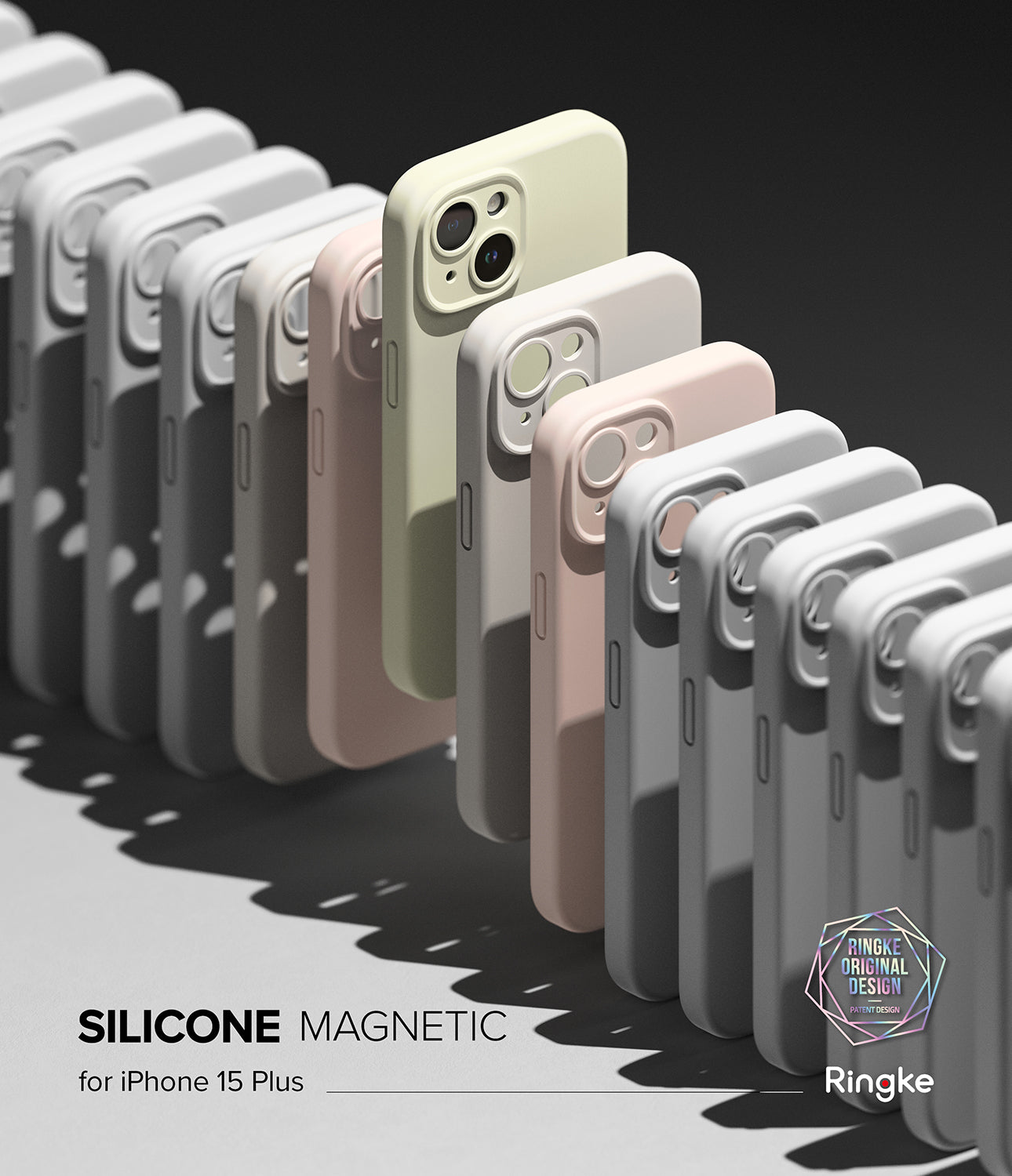iPhone 15 Plus Case | Silicone Magnetic - A row of pastel-colored silicone iPhone 15 Plus cases standing upright.