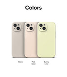 iPhone 15 Plus Case | Silicone Magnetic - Three iPhone 15 Plus silicone cases in Stone, Pink Sand, and Sunny Lime colors.
