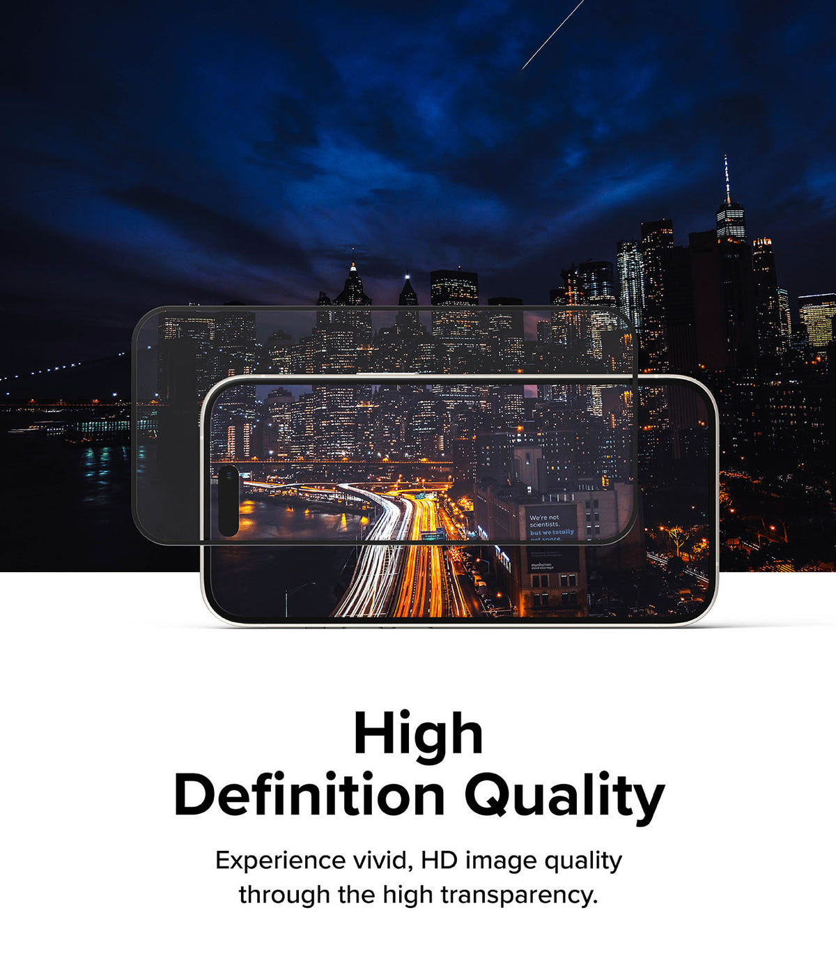 iPhone 15 Plus Screen Protector | Full Cover Glass - A clear screen protector hovering over an iPhone displaying a city skyline.