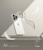iPhone 15 Pro Case | Air - A clear, flexible phone case floating next to a white iPhone 15 Pro with white feathers.