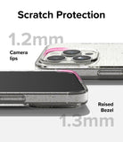 iPhone 15 Pro Case | Air - Clear glitter case showing 1.2mm camera lips and 1.3mm raised screen bezel for scratch protection.