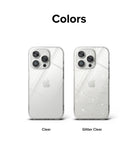 iPhone 15 Pro Case | Air - Two iPhone 15 Pro phones side-by-side, one in a clear case and one in a glitter clear case.