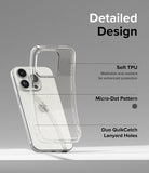 iPhone 15 Pro Case | Air - Clear phone case features highlighting soft TPU, micro-dot pattern, and lanyard holes.