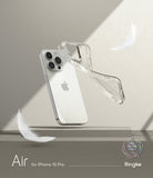 iPhone 15 Pro Case | Air - Clear iPhone 15 Pro case floating next to the phone with white feathers against a neutral background.