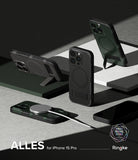 iPhone 15 Pro Case | Alles - Multiple black and green protective cases with built-in kickstands and MagSafe charging.