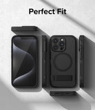 iPhone 15 Pro Case | Alles - Black protective phone case shown from multiple angles with a built-in kickstand and MagSafe ring.
