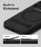 iPhone 15 Pro Case | Alles - Black phone case with a built-in kickstand, showing extended and retracted positions.