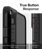 iPhone 15 Pro Case | Alles - Close-up of black phone case buttons with tactile plus and minus symbols and fine aperture lines.