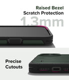 iPhone 15 Pro Case | Alles - Close-up of a green phone case showing a 1.3mm raised bezel and precise port cutouts.