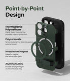 iPhone 15 Pro Case | Alles - Exploded view of a green phone case showing TPU, polycarbonate, magnet, and aluminum alloy layers.