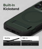 iPhone 15 Pro Case | Alles - Dark green phone case with a built-in kickstand, showing both extended and retracted positions.