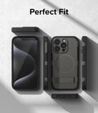 iPhone 15 Pro Case | Alles - Exploded view of a black protective phone case with a kickstand and MagSafe ring.