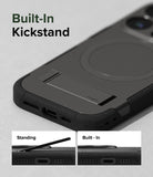 iPhone 15 Pro Case | Alles - Black phone case with a foldable kickstand, shown in both closed and open positions.