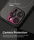 iPhone 15 Pro Case | Alles - Close-up of a black phone case showing a 1.2mm raised magenta border protecting the camera lenses.