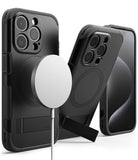 iPhone 15 Pro Case | Alles - Three black rugged phone cases with MagSafe charging, kickstands, and camera protection.