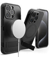 iPhone 15 Pro Case | Alles - Three black rugged phone cases with MagSafe charging, kickstands, and camera protection.