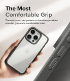 iPhone 15 Pro Case | Fusion Bold - Hand holding a phone in a grey case with an embossed dot pattern on the side.