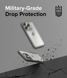 iPhone 15 Pro Case | Fusion Bold - iPhone 15 Pro in a protective case bouncing off a cracked surface with military-grade text.