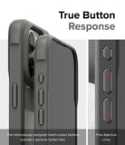 iPhone 15 Pro Case | Fusion Bold - Close-up of gray phone case buttons with textured sides and precise cutouts for tactile response.