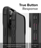 iPhone 15 Pro Case | Fusion Bold - Close-up of black phone case buttons with textured sides and precise cutouts for tactile response.