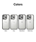 iPhone 15 Pro Case | Fusion Bold - Four iPhone 15 Pro cases in Black, Gray, Matte Black, and Matte Gray arranged in a row.