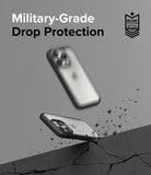 iPhone 15 Pro Case | Fusion Bold - iPhone 15 Pro in a protective case bouncing off a cracked surface with debris.