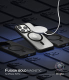 iPhone 15 Pro Case | Fusion Bold Magnetic - A magnetic charger attaches to a frosted iPhone 15 Pro case on a dark grid.
