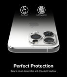 iPhone 15 Pro | Camera Protector Glass [2 Pack] - iPhone 15 Pro | Camera Protector Glass - Close-up of iPhone camera lens protector with touch and anti-fingerprint icons.
