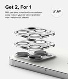iPhone 15 Pro | Camera Protector Glass [2 Pack] - Two clear camera lens protectors stacked above an iPhone 15 Pro.